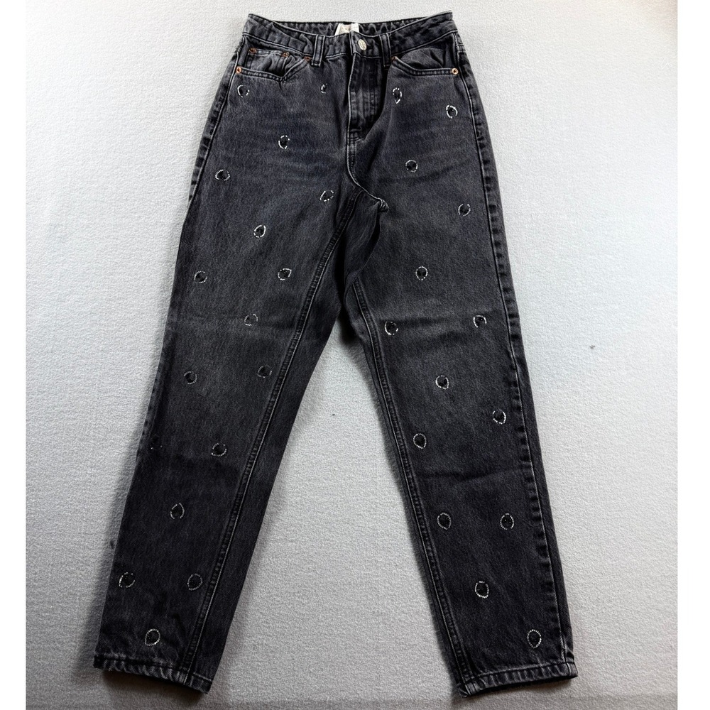 Topshop Mom Jeans Womens W25 Black Rhinestone Embellished Alien Area 51 Sparkle